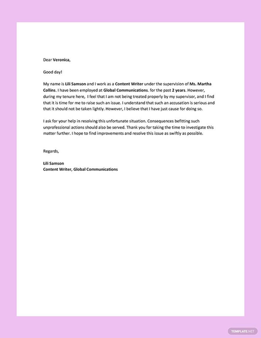Letter of Complaint Against Supervisor