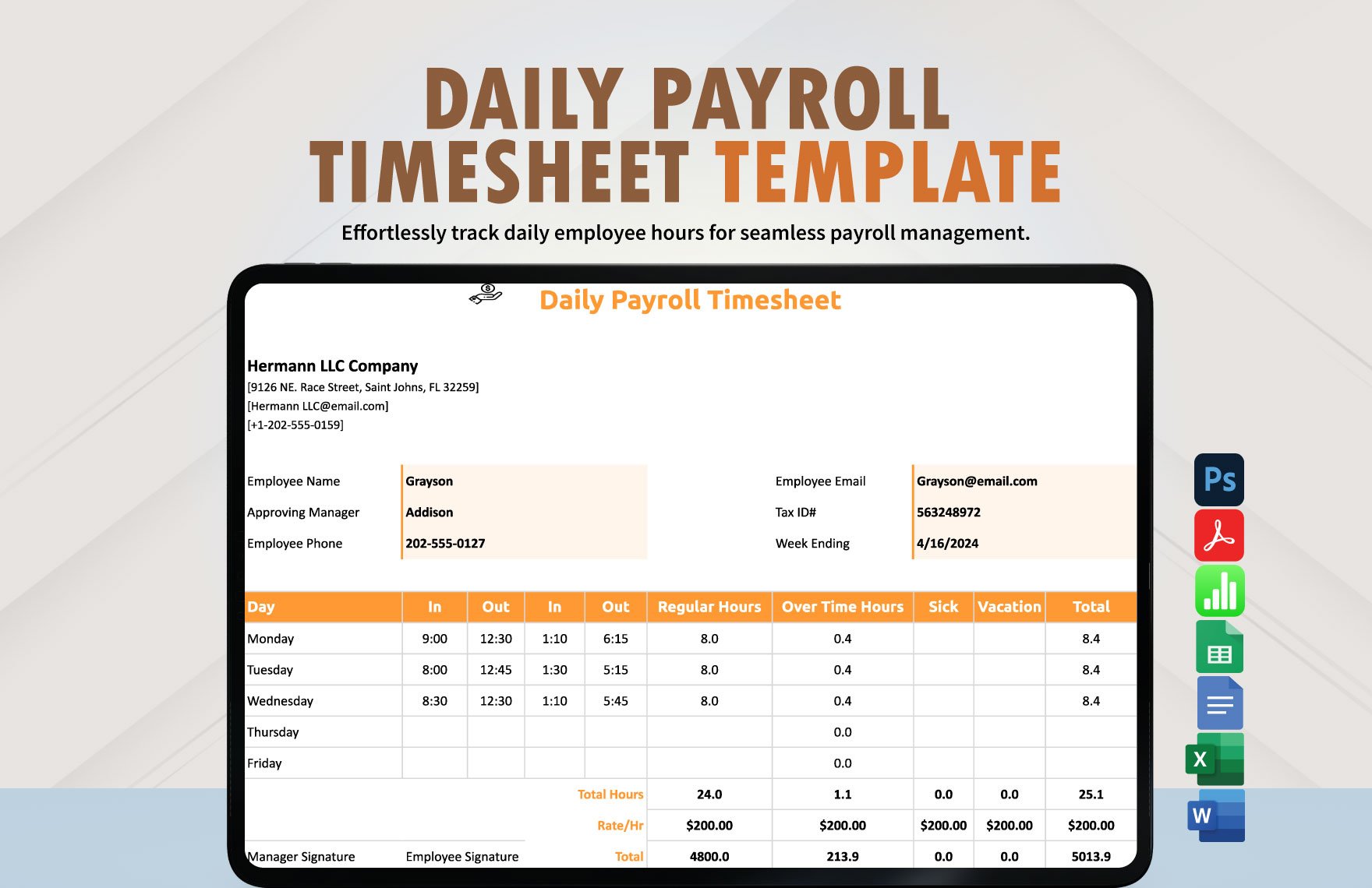 Daily Payroll Timesheet Template in Word, Google Docs, Excel, PDF, Google Sheets, PSD, Apple Numbers