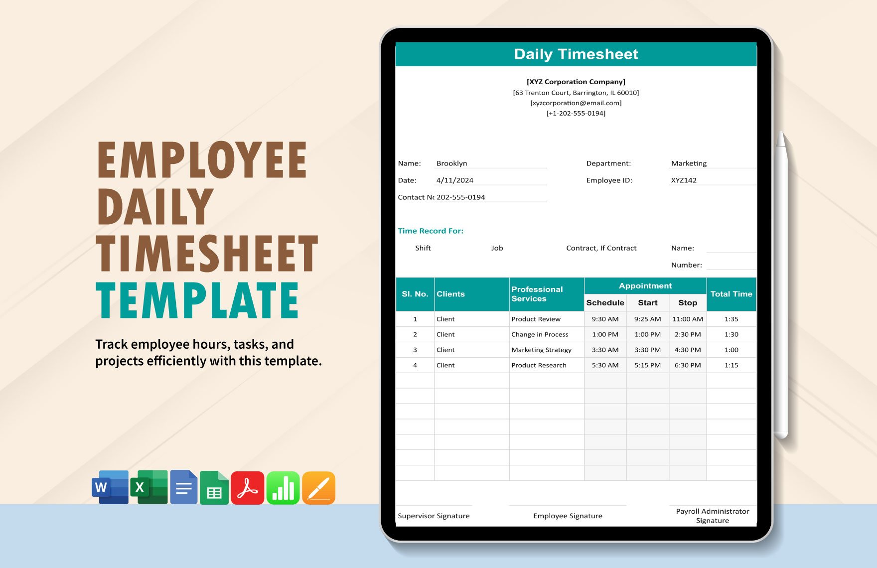 Employee Daily Timesheet Template in Word, Google Docs, Excel, PDF, Google Sheets, Apple Pages, Apple Numbers