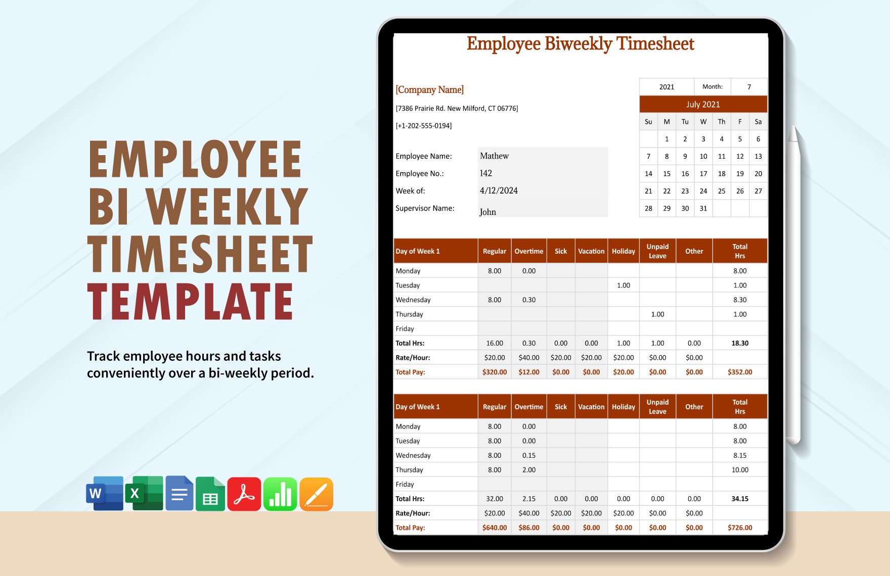 Employee Bi weekly Timesheet Template in Word, Google Docs, Excel, PDF, Google Sheets, Apple Pages, Apple Numbers