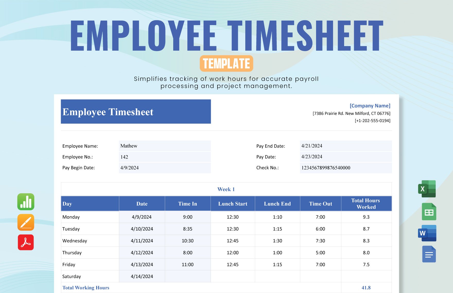 Free Employee Timesheet Template in Word, Google Docs, Excel, PDF, Google Sheets, Apple Pages, Apple Numbers