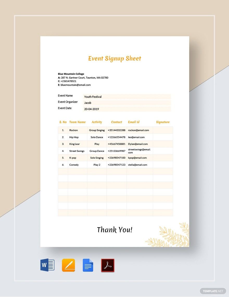 Event Signup Sheet Template