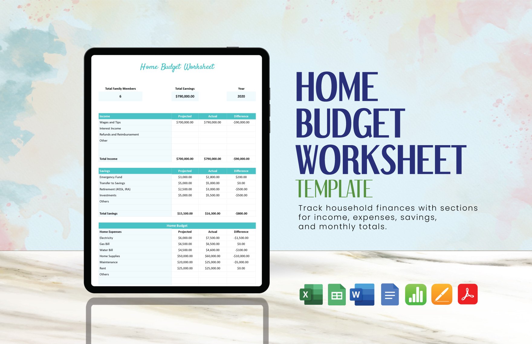 Home Budget Worksheet Template in Word, Google Docs, Excel, PDF, Google Sheets, Apple Pages, Apple Numbers
