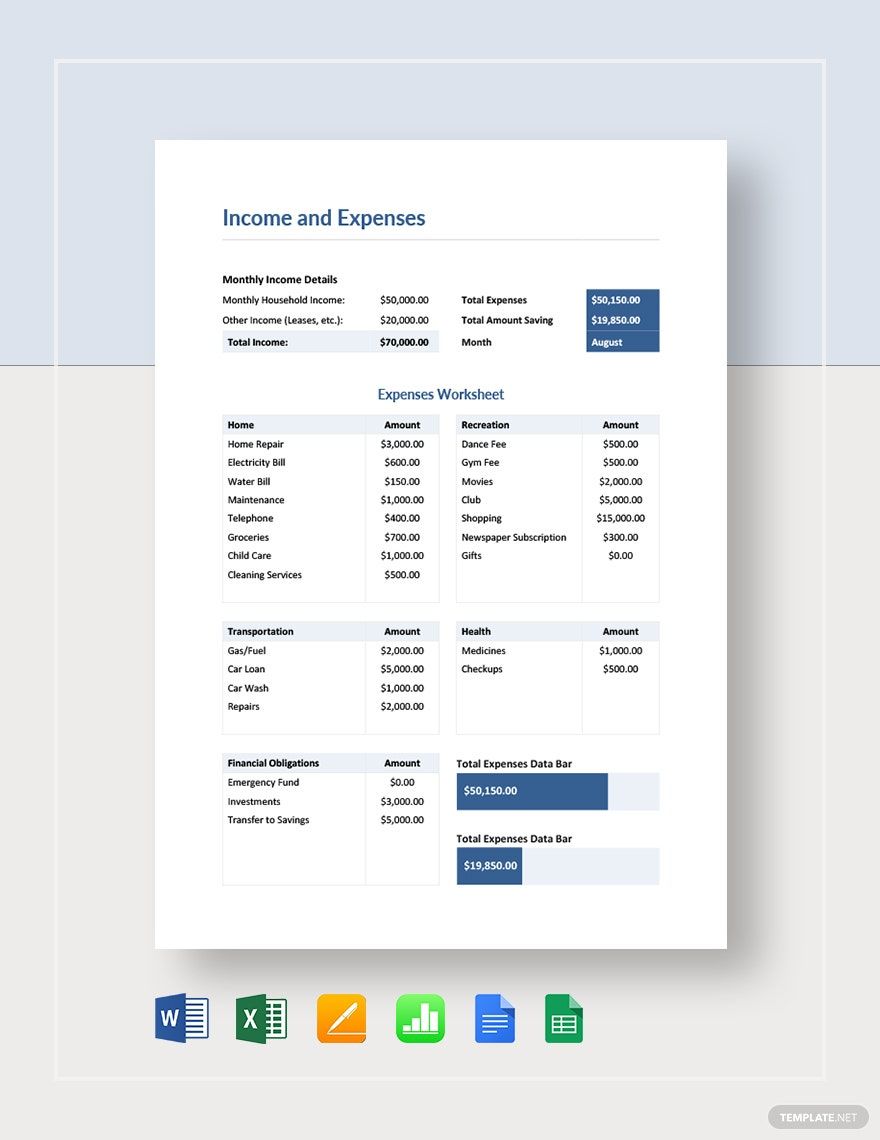 Income and Expense Worksheet Template in Word, Google Docs, Excel, Google Sheets, Apple Pages, Apple Numbers