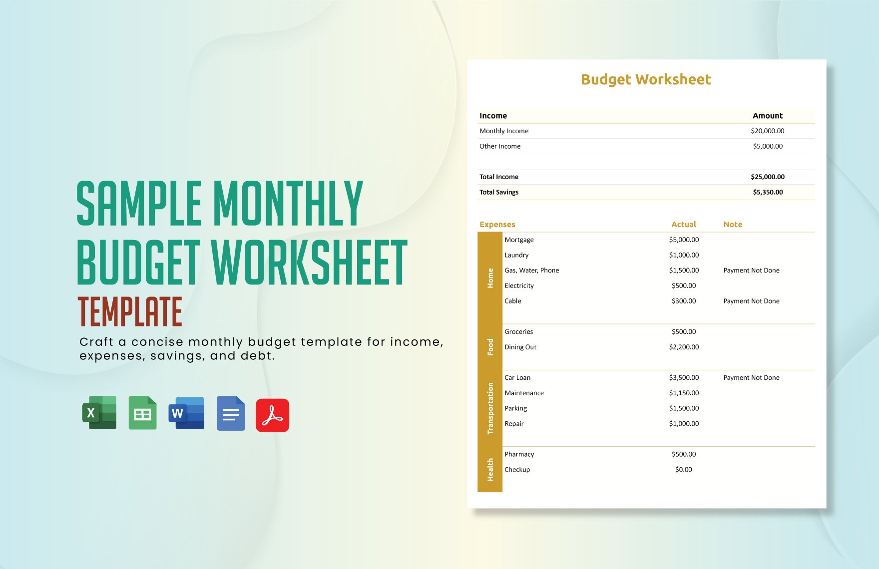 Sample Monthly Budget Worksheet Template in Word, Google Docs, Excel, PDF, Google Sheets