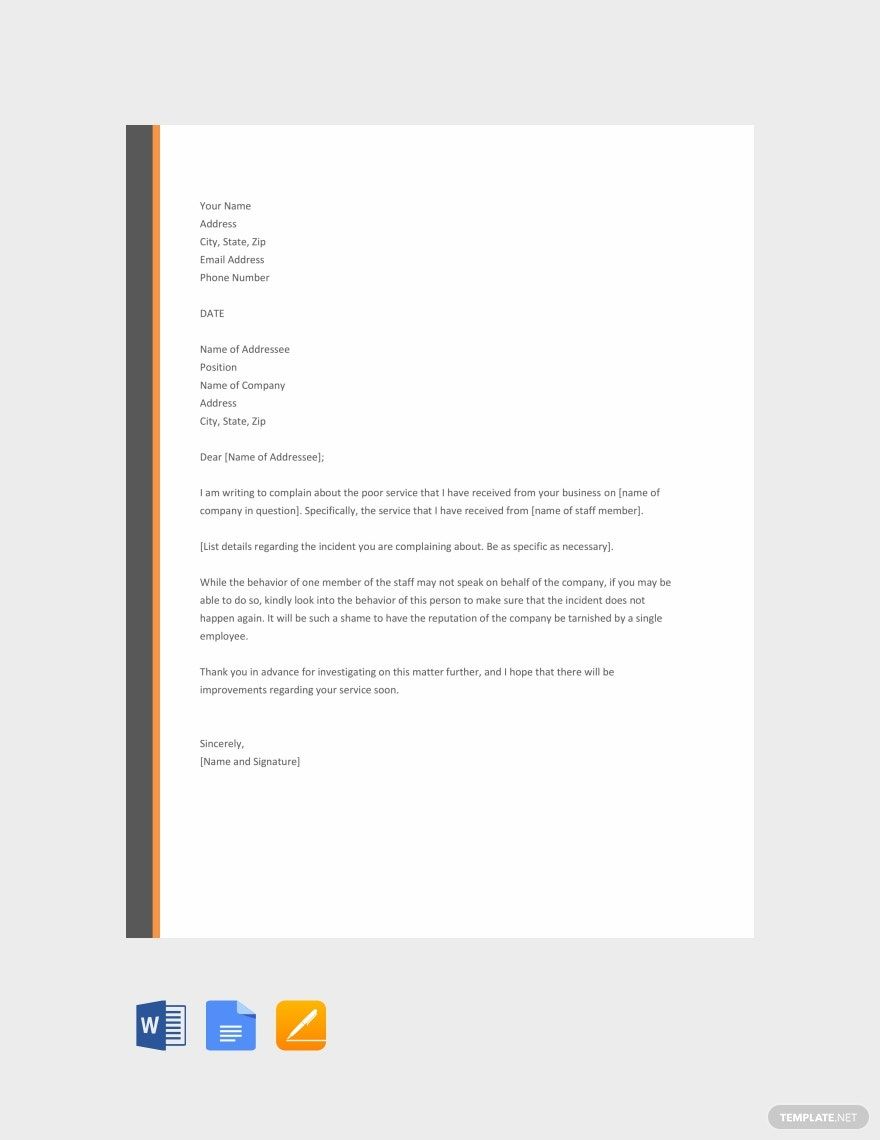 Complaint Letter For Poor Service Template In Google Docs Word Pages 