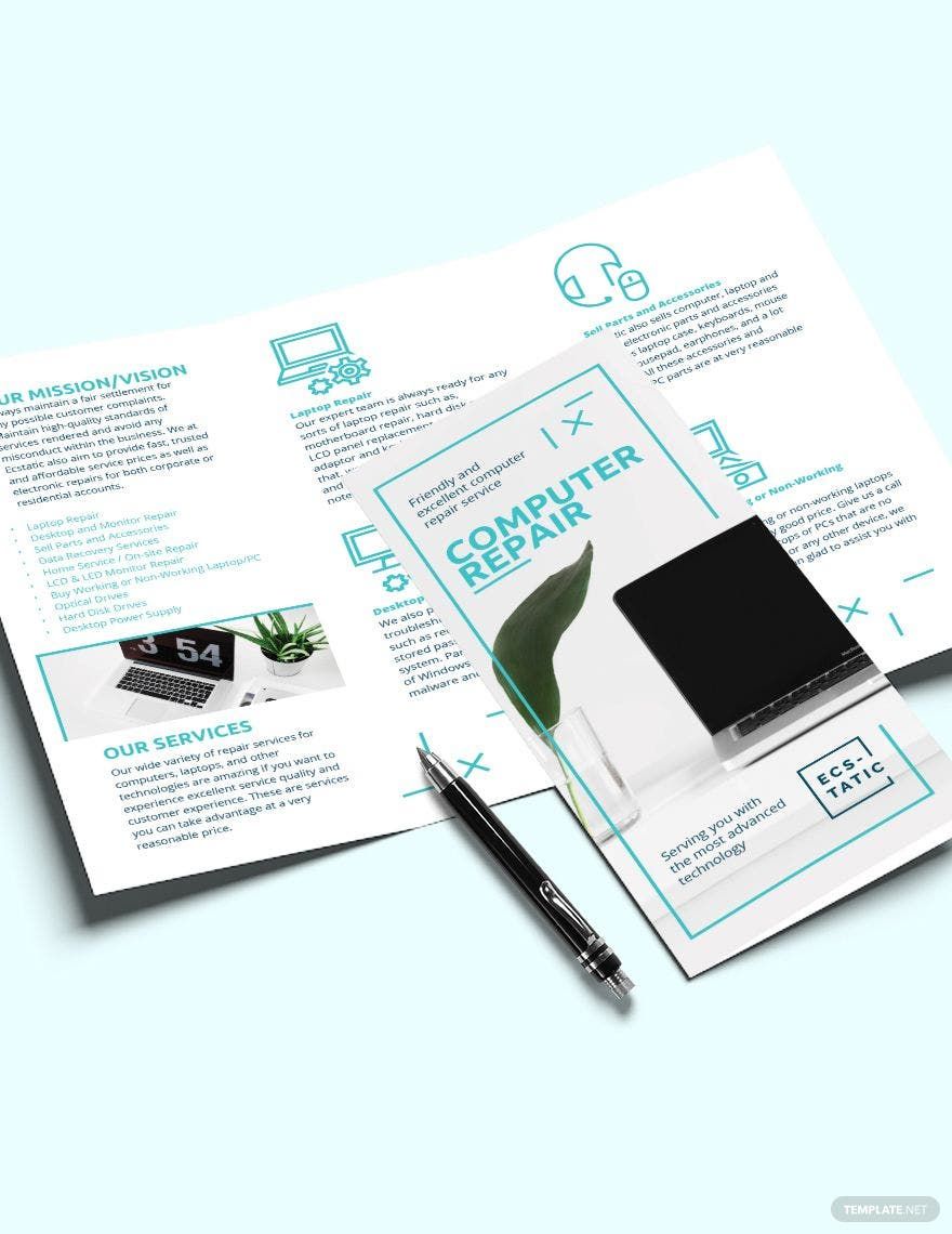 Computer Repair Shop Tri-Fold Brochure Template in Word, Google Docs, Illustrator, PSD, Apple Pages, Publisher, InDesign