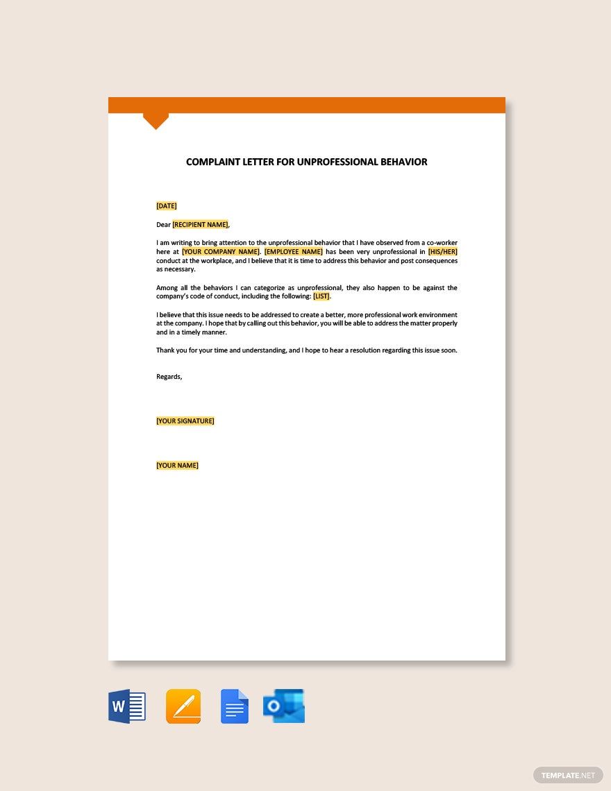 Complaint Letter for Unprofessional Behavior Template in Word, Google Docs, PDF, Apple Pages