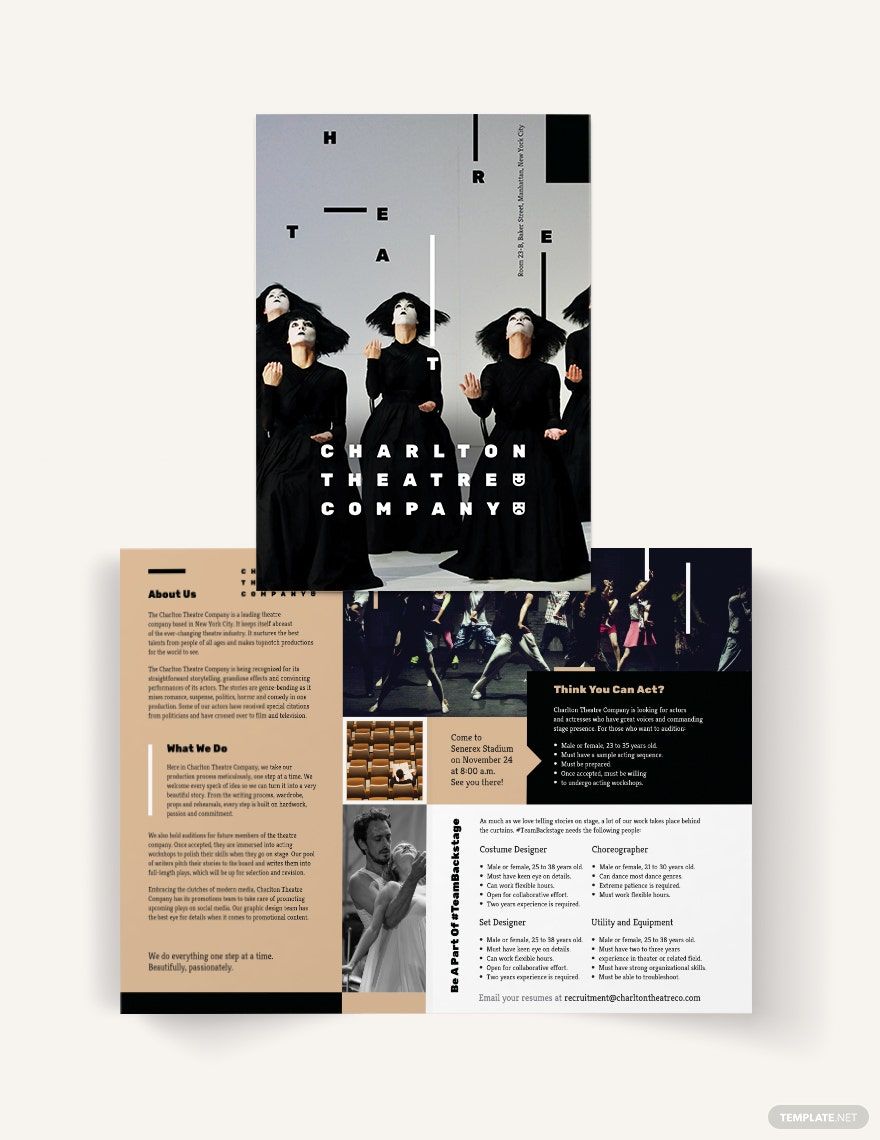 Theatre Bi-Fold Brochure Template in Word, Google Docs, Illustrator, PSD, Apple Pages, Publisher, InDesign