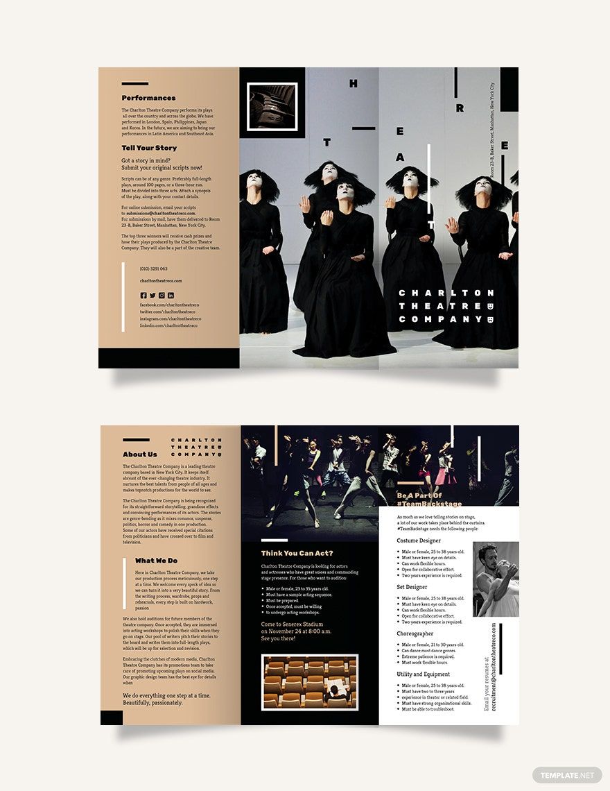 Theatre Tri-Fold Brochure Template in Word, Google Docs, Illustrator, PSD, Apple Pages, Publisher, InDesign