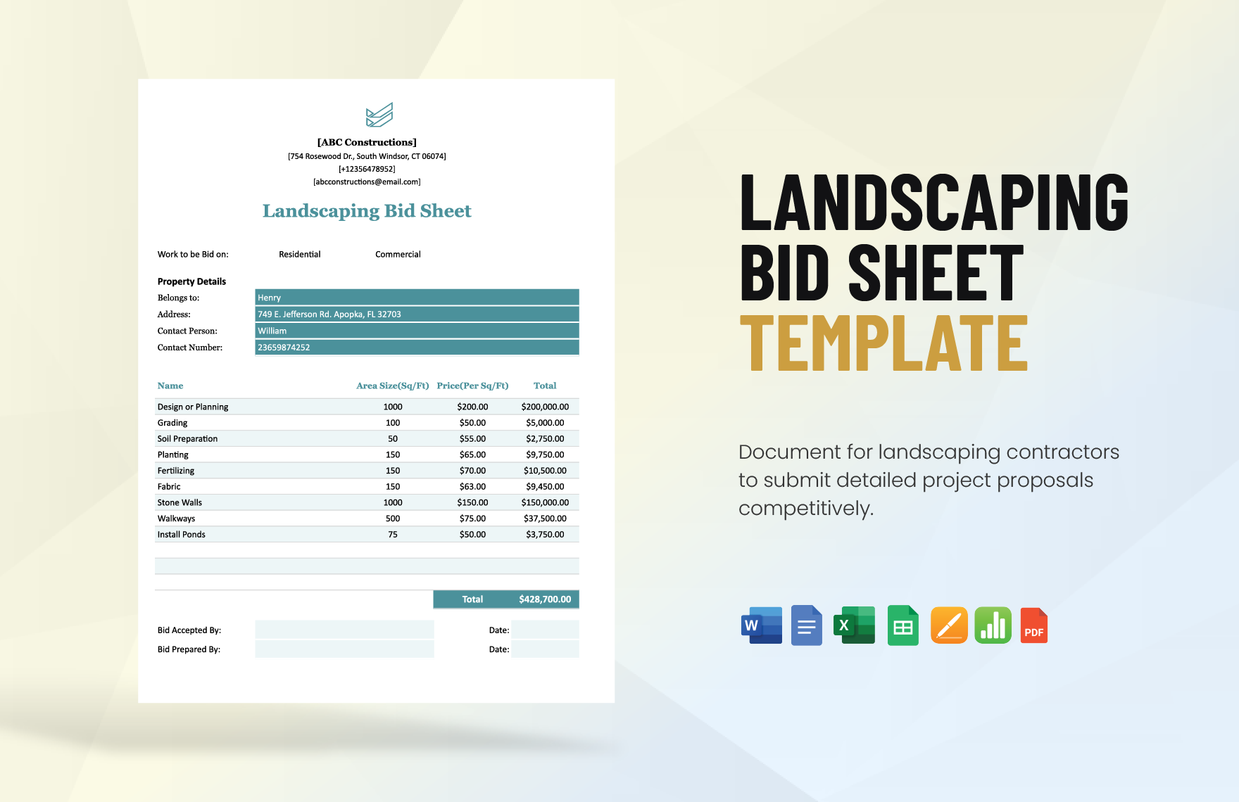 Free Landscaping Bid Sheet Template in Word, Google Docs, Excel, PDF, Google Sheets, Apple Pages, Apple Numbers