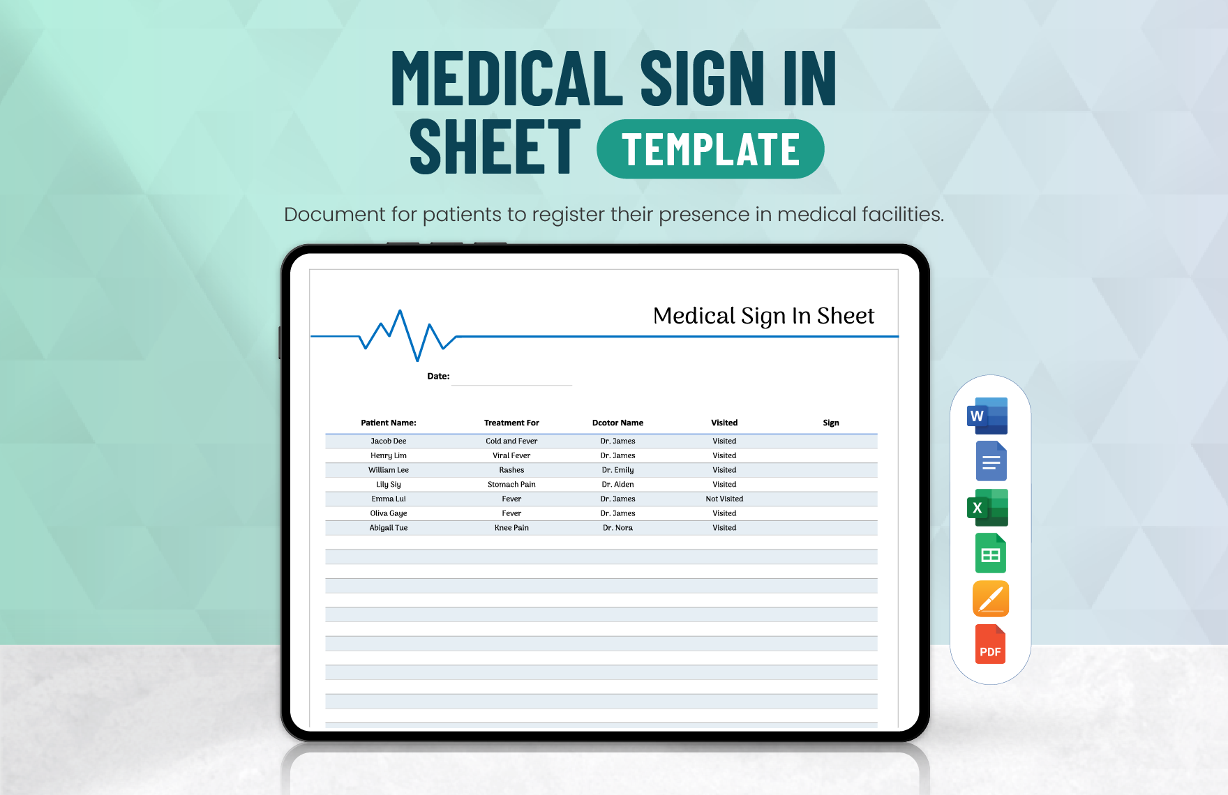 Medical Sign In Sheet Template in Word, Google Docs, Excel, PDF, Google Sheets, Apple Pages