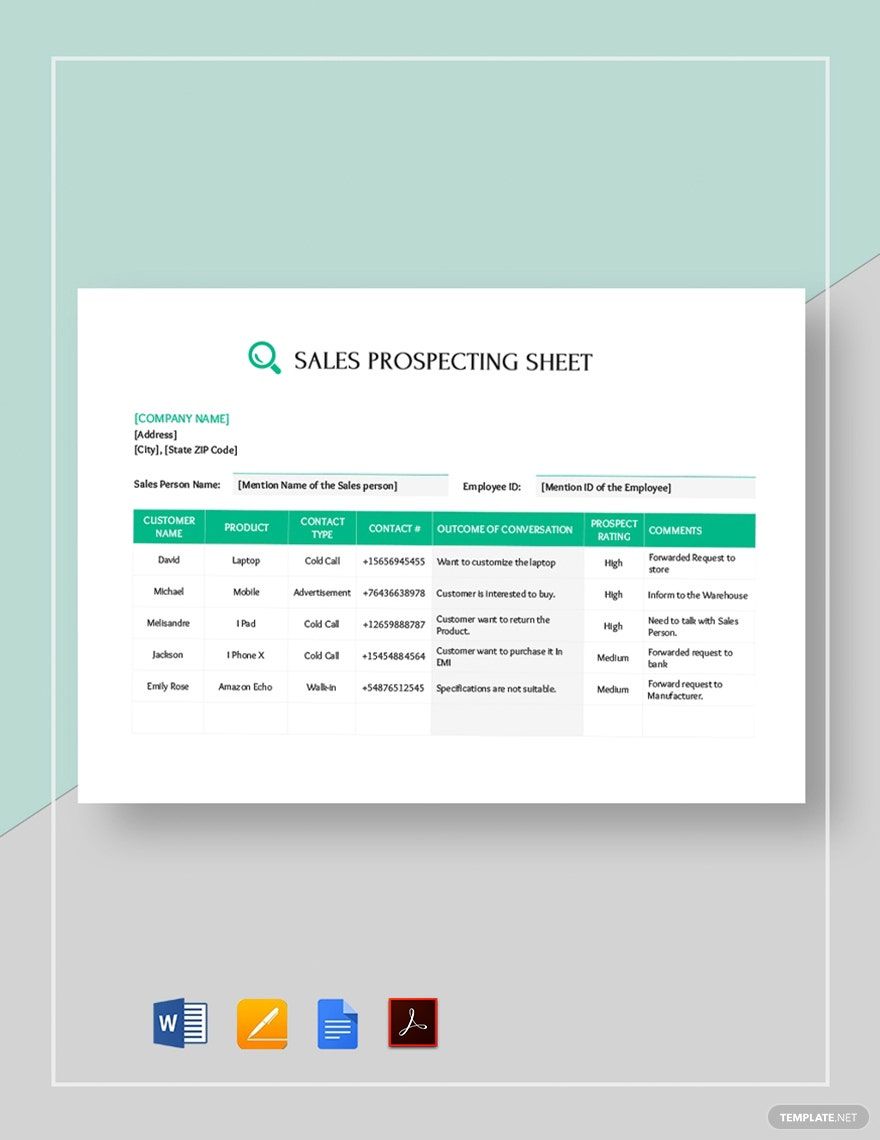 Sales Call Prospecting Sheet Template in GDocsLink, MS Word, Pages