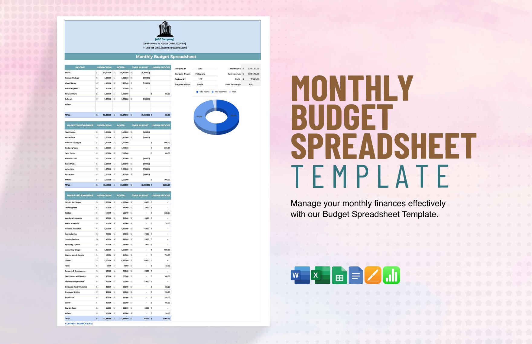 Monthly Budget Spreadsheet Template in Word, Google Docs, Excel, Google Sheets, Apple Pages, Apple Numbers