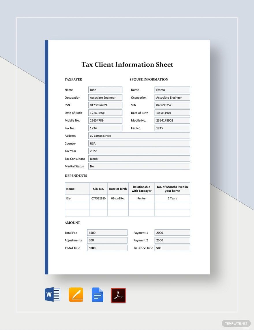 Tax Client Information Sheet Template