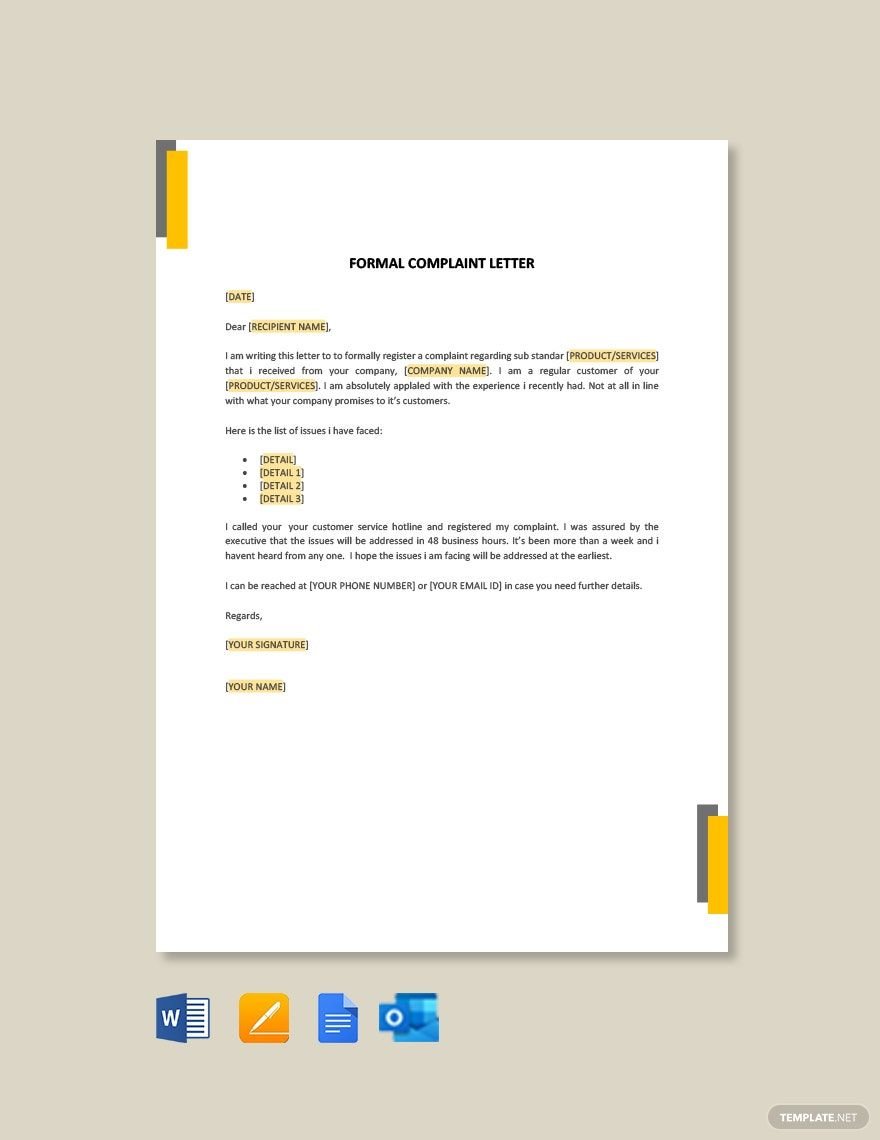 Formal Complaint Letter Template in Word, Google Docs, PDF, Apple Pages, Outlook