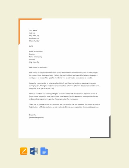 Free Hotel Complaint Letter Template Word Google Docs