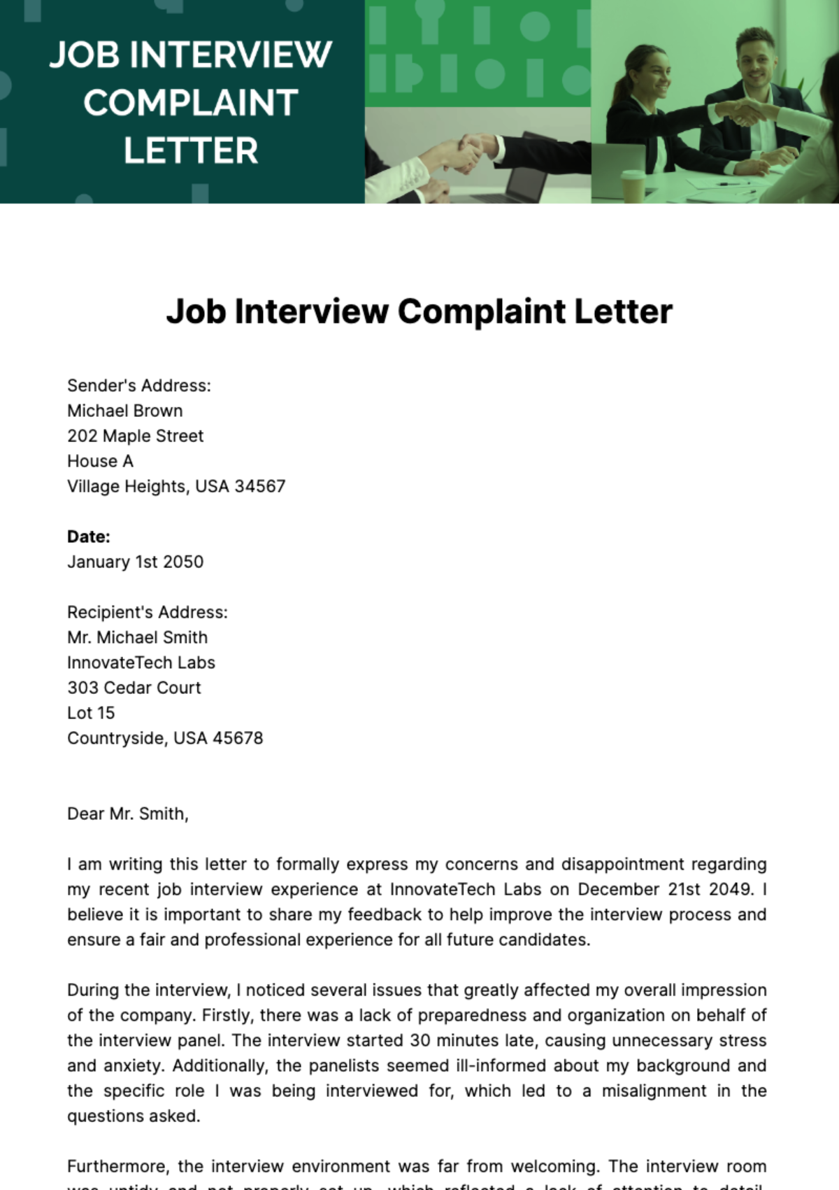 Free Job Interview Complaint Letter Template