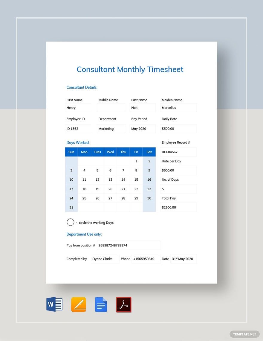 Consultant Monthly Timesheet Template in Word, Google Docs, PDF, Apple Pages