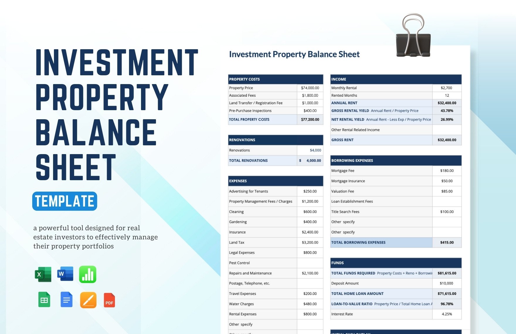 Investment Property Balance Sheet Template in Word, Google Docs, Excel, PDF, Google Sheets, Apple Pages, Apple Numbers
