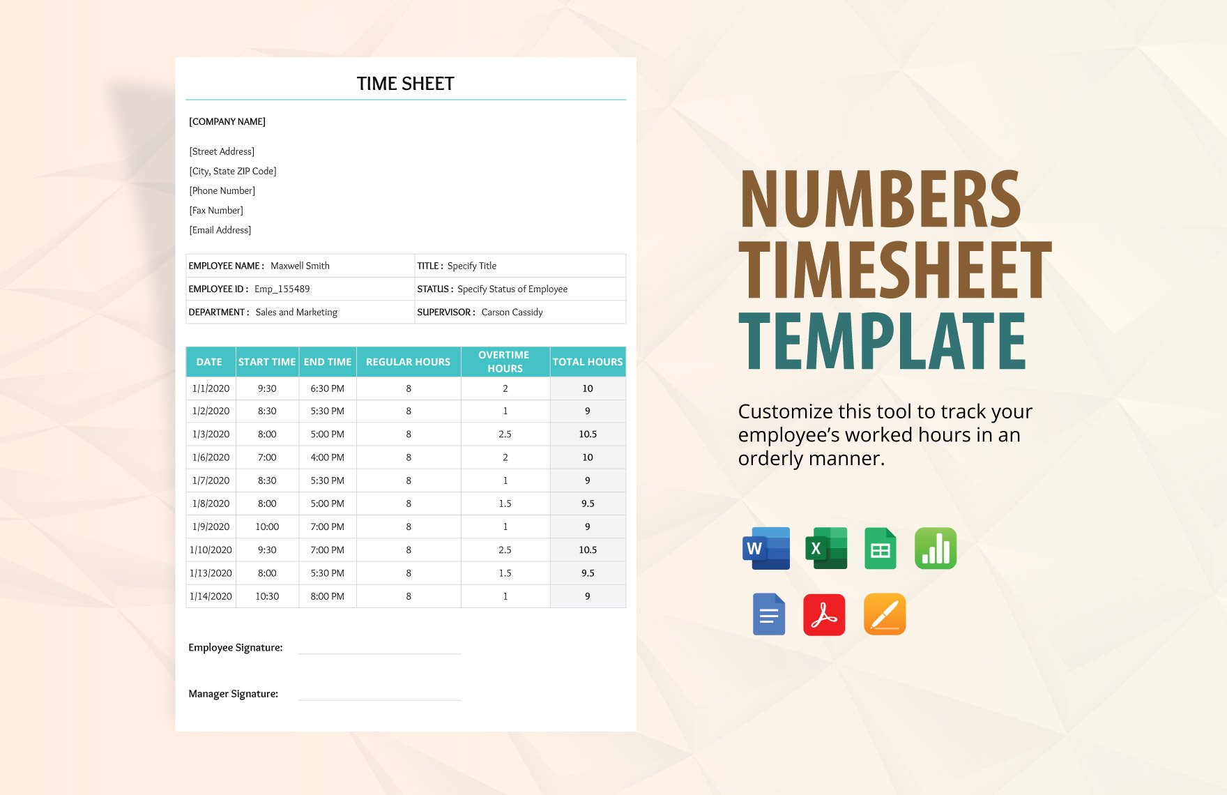 Numbers Timesheet Template in Word, Google Docs, Excel, PDF, Google Sheets, Apple Pages, Apple Numbers