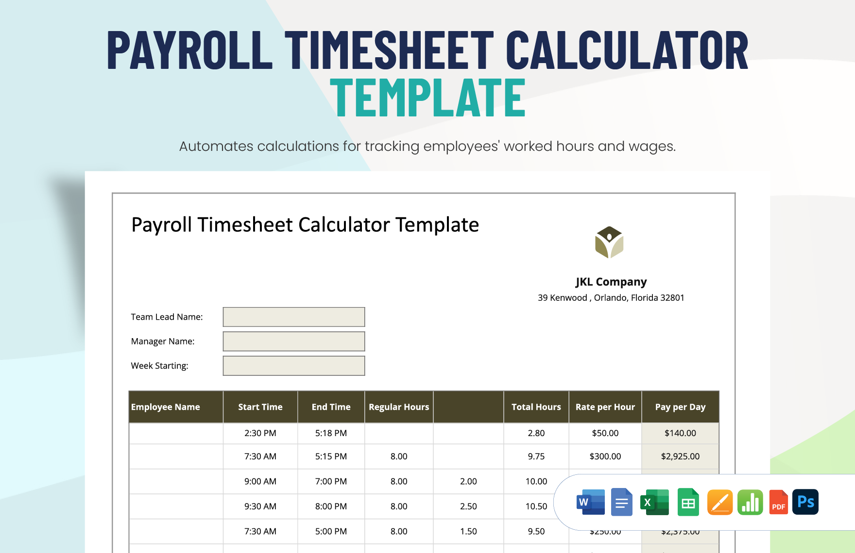 Free Payroll Timesheet Calculator Template in Word, Google Docs, Excel, PDF, Google Sheets, PSD, Apple Pages, Apple Numbers