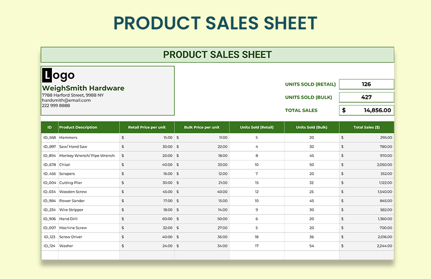 Product Sales Sheet Template