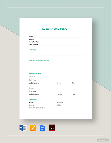 Resume Worksheet Template: Download 0+ Sheets in Microsoft ...