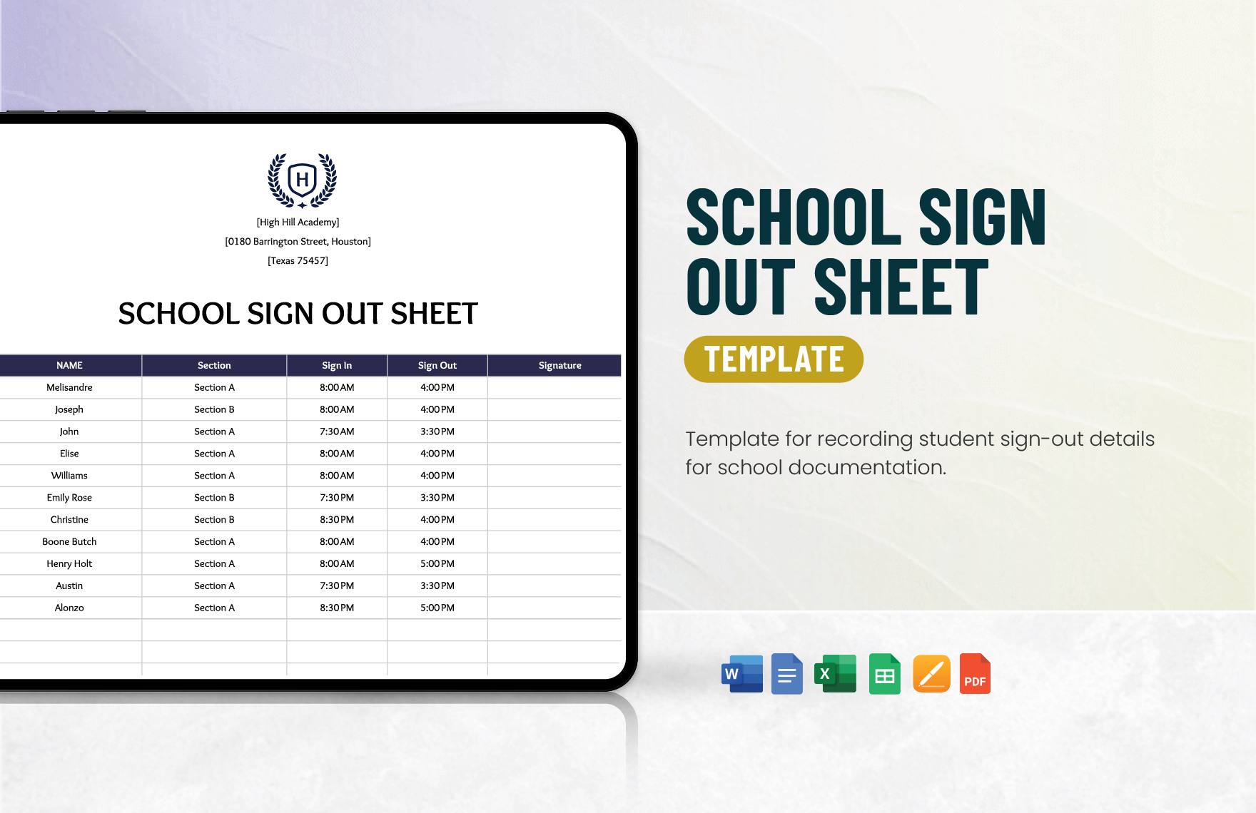 School Sign out Sheet Template