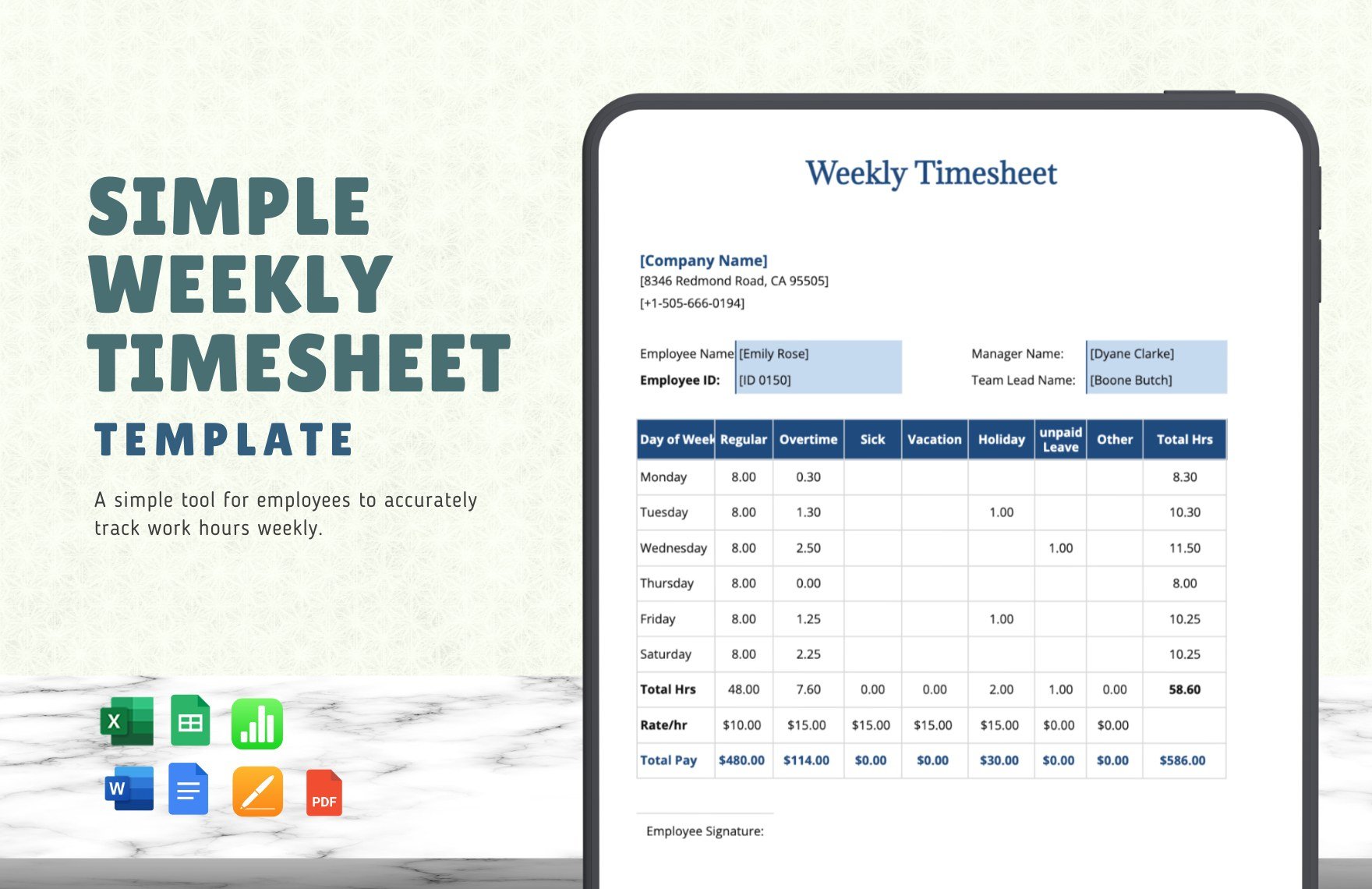 Free Simple Weekly Timesheet Template in Word, Google Docs, Excel, PDF, Google Sheets, Apple Pages, Apple Numbers