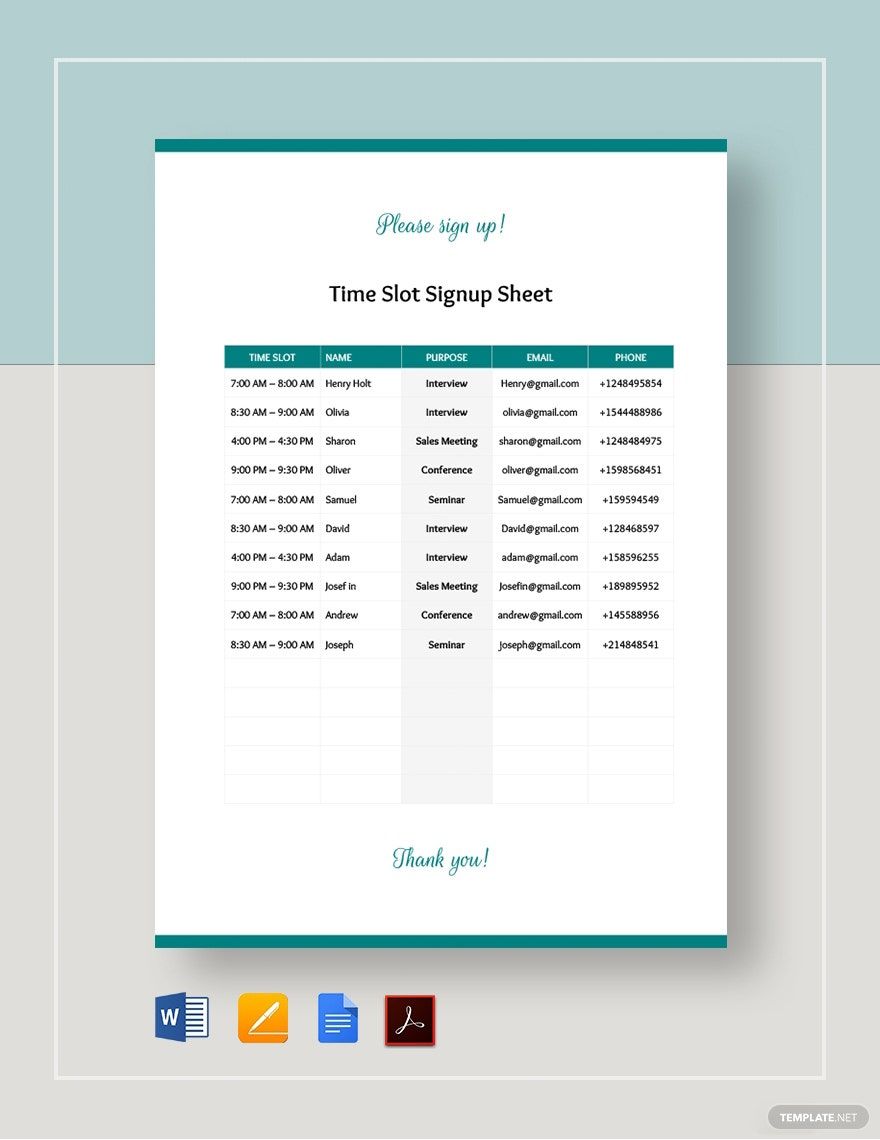 Time Slot Sign up Sheet Template in Word, Pages, Google Docs, PDF