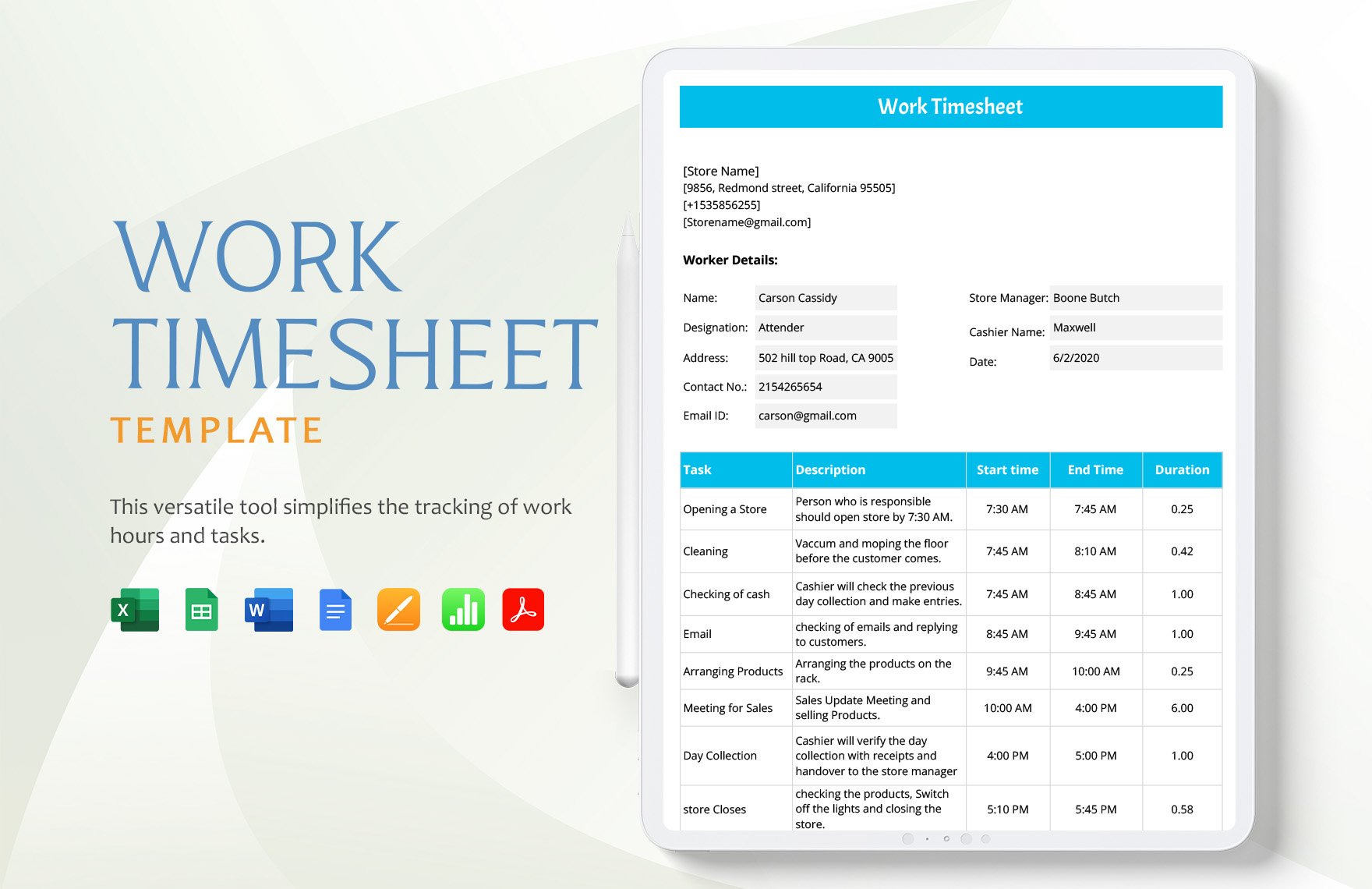 Work Timesheet Template in Word, Google Docs, Excel, PDF, Google Sheets, Apple Pages, Apple Numbers