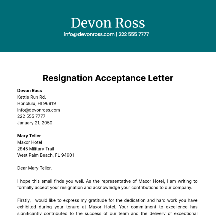 Resignation Acceptance Letter  Template