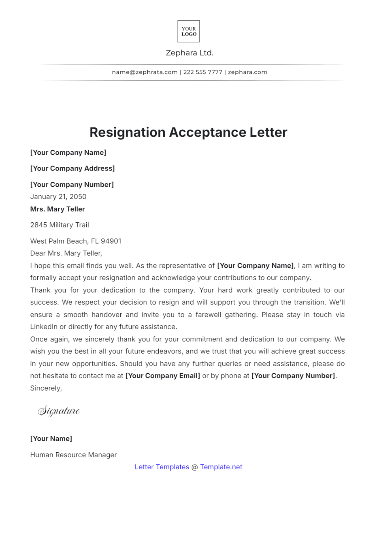 Resignation Acceptance Letter Template