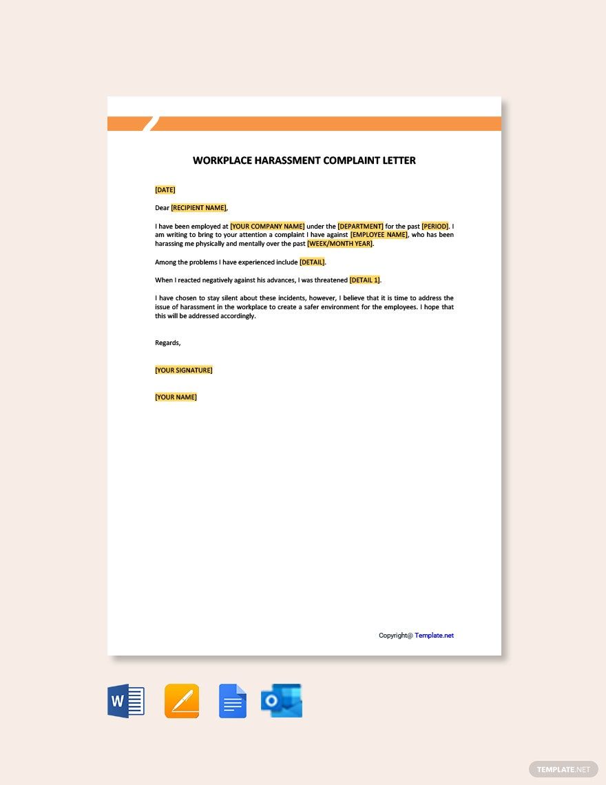 Workplace Harassment Complaint Letter in Word, Google Docs, PDF, Apple Pages, Outlook