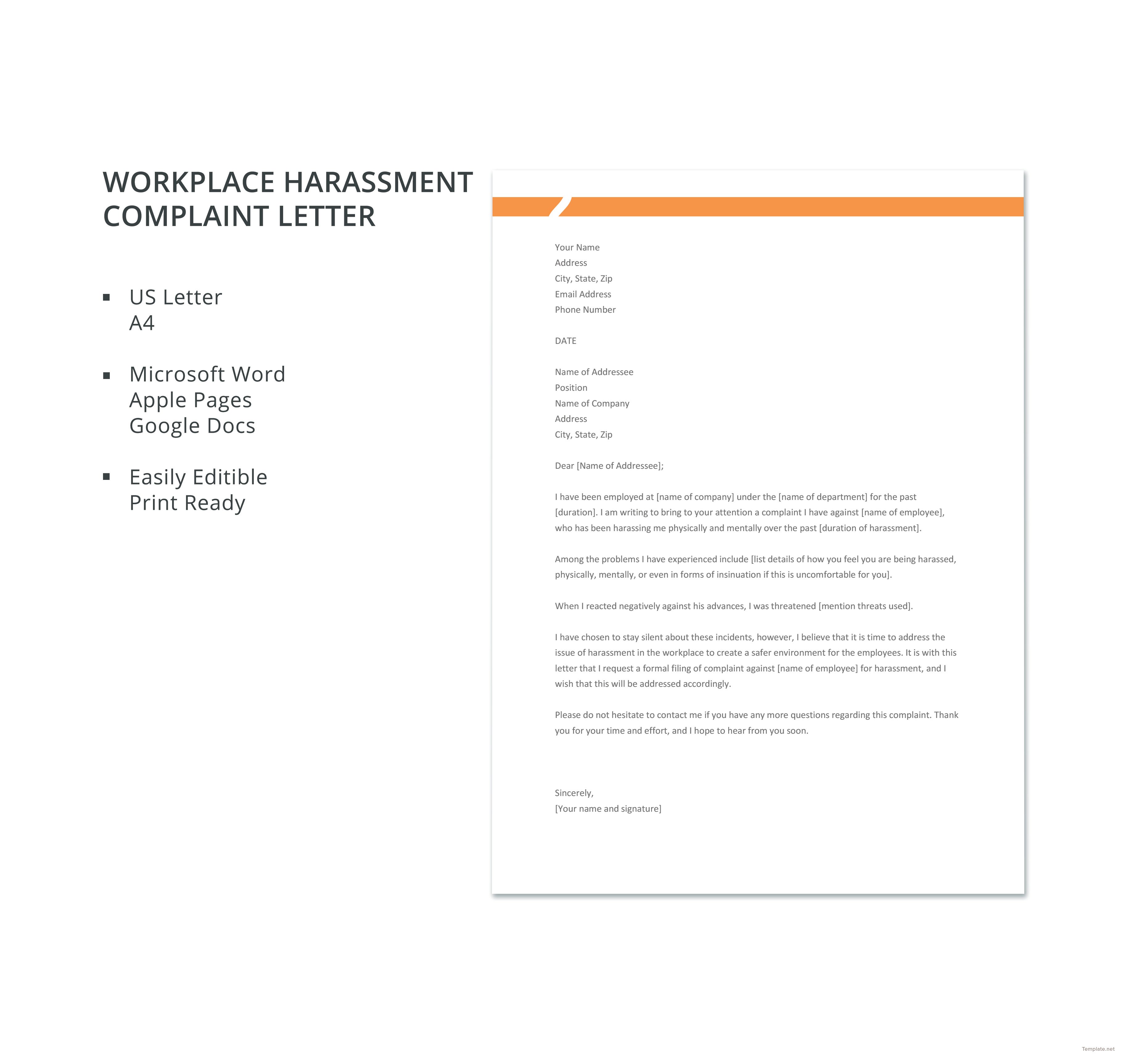 Free Workplace Harassment Complaint Letter Template In Microsoft Word