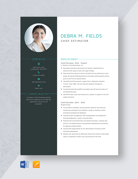 Free Chief Estimator Resume Template - Word, Apple Pages