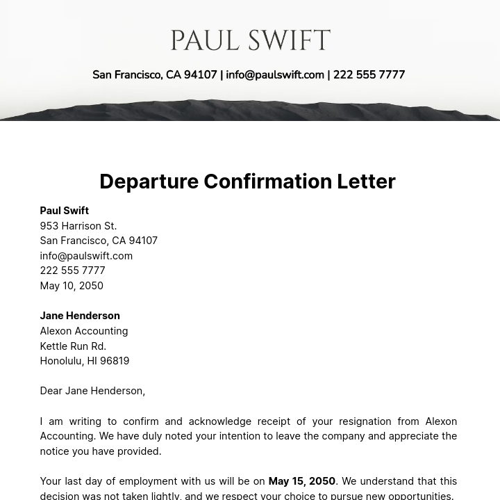 Departure Confirmation Letter  Template