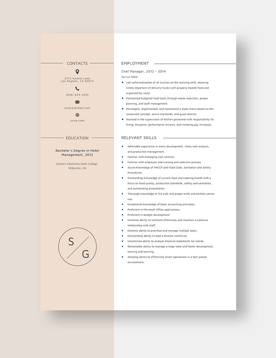 Chef Manager Resume
