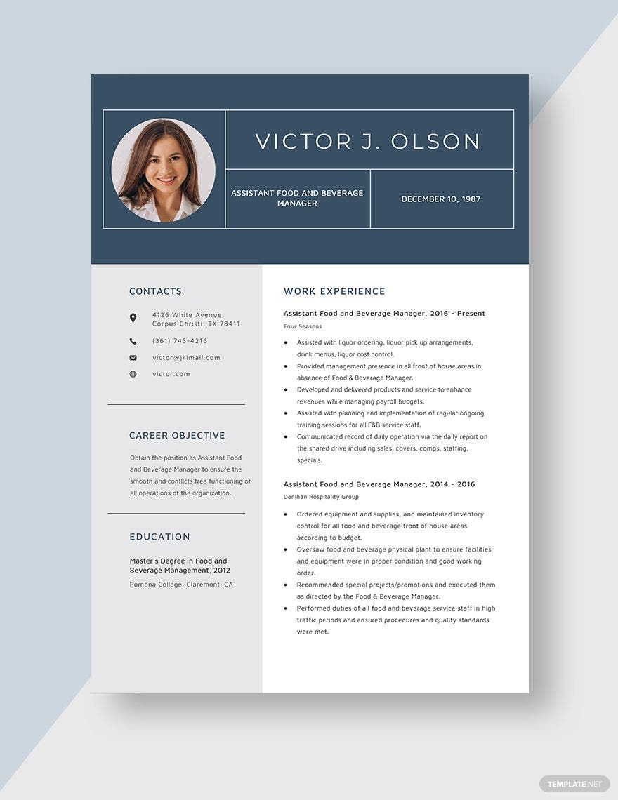 Assistant Food and Beverage Manager Resume Template