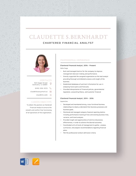 Chartered Financial Analyst Resume Template - Word, Apple Pages