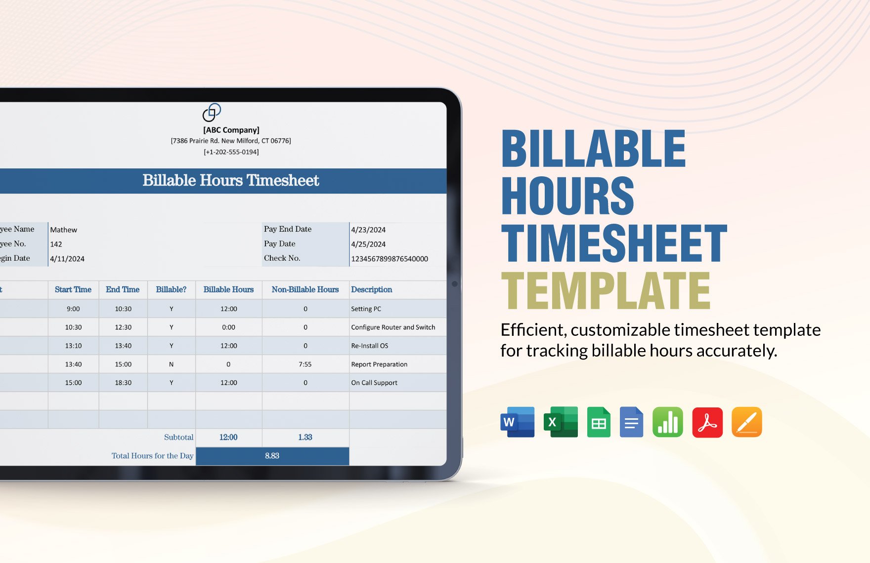 Billable Hours Timesheet Template in Word, Google Docs, Excel, PDF, Google Sheets, Apple Pages, Apple Numbers