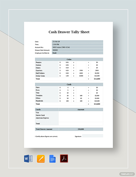 Cash Drawer Tally Sheet Template - Word | Google Docs | Apple Pages