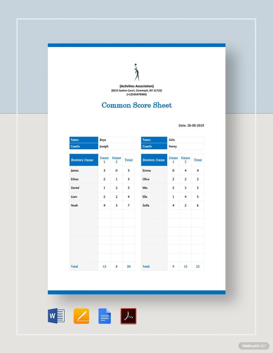 Common Score Sheet Template in Word, Google Docs, PDF, Apple Pages