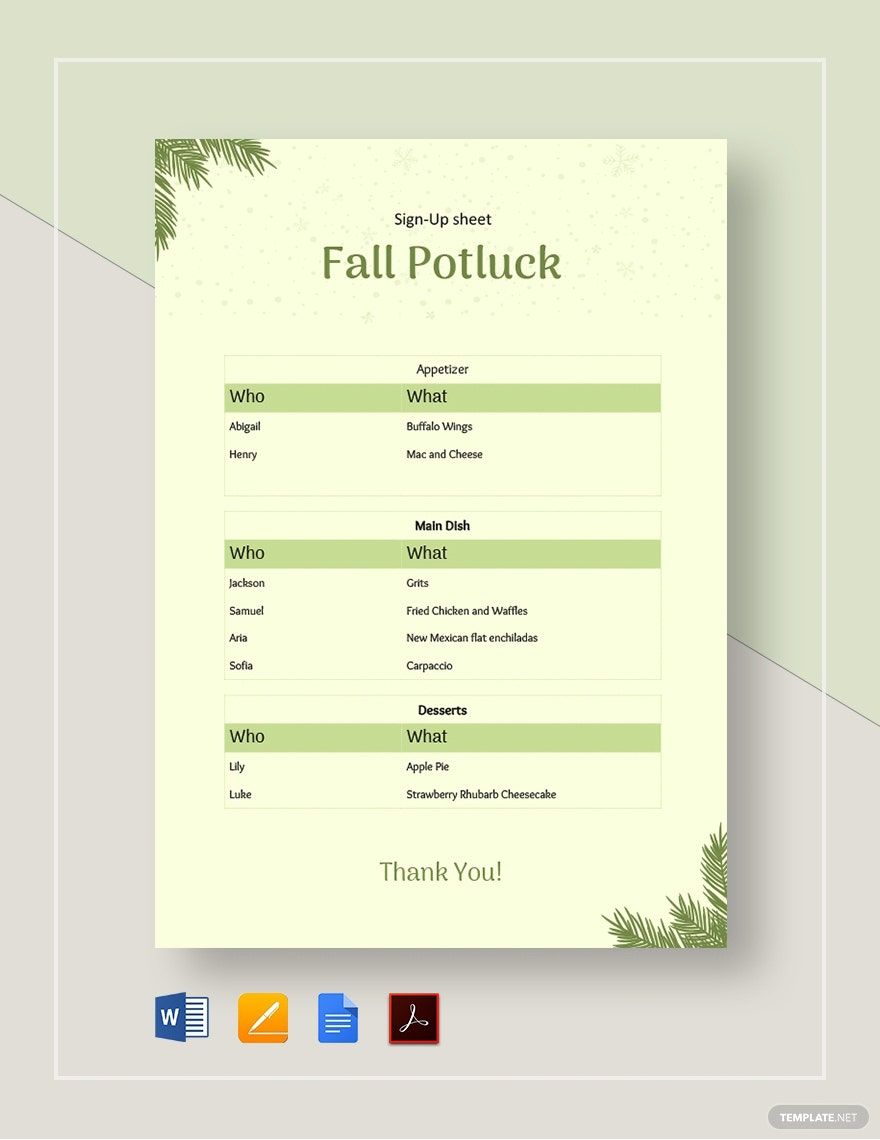 Fall Potluck Signup Sheet Template