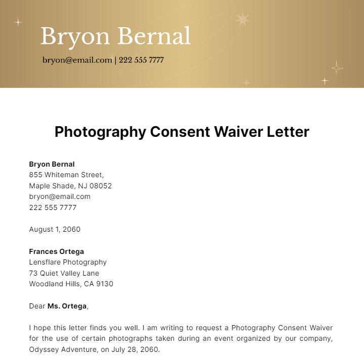 Free Photography Consent Waiver Letter Template