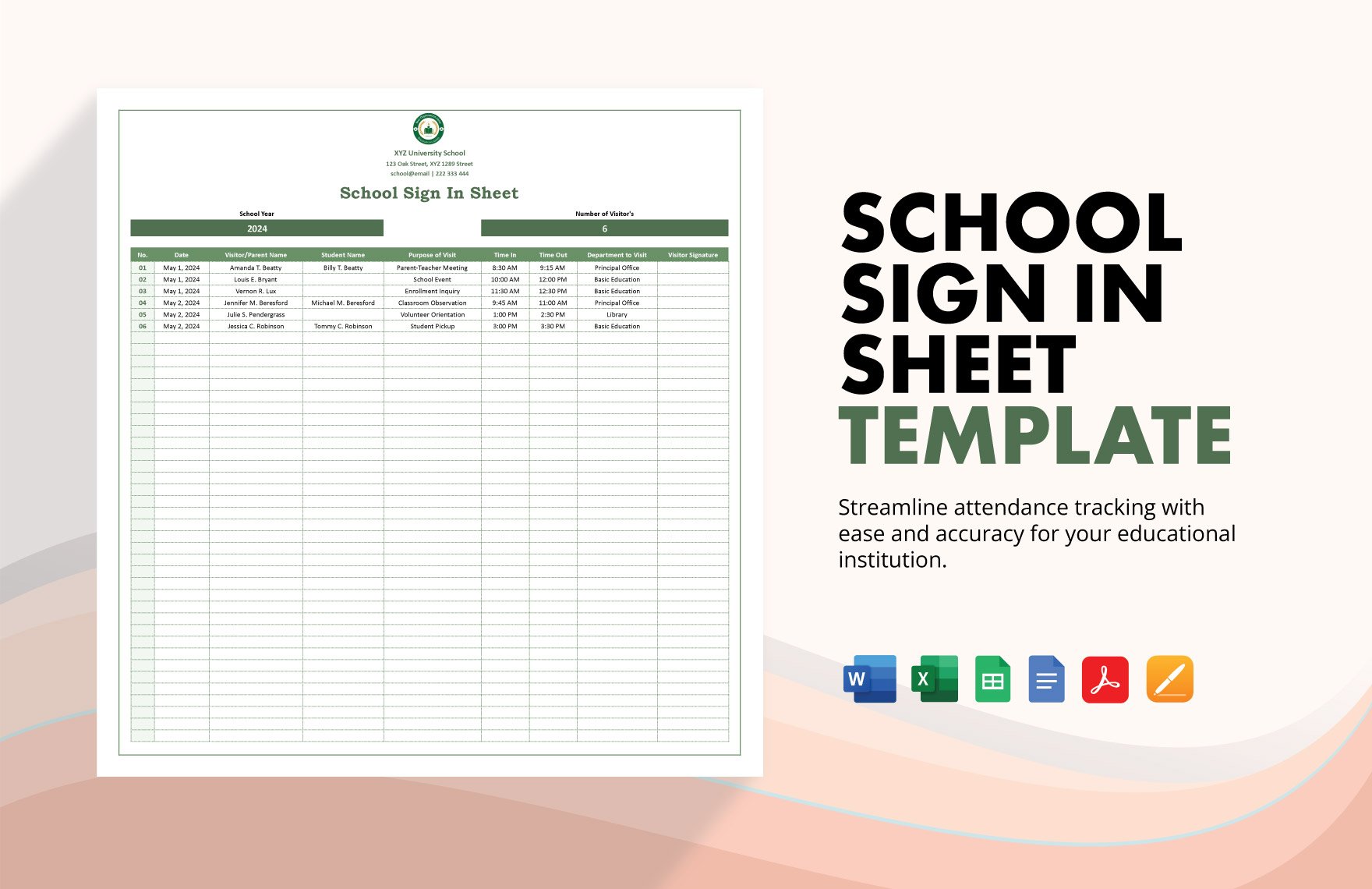School Sign In Sheet Template in Word, Google Docs, Excel, PDF, Google Sheets, Apple Pages