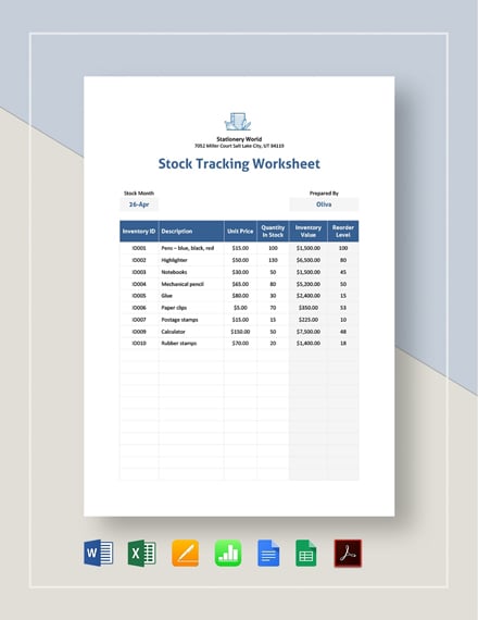 Stock Tracking Worksheet Template