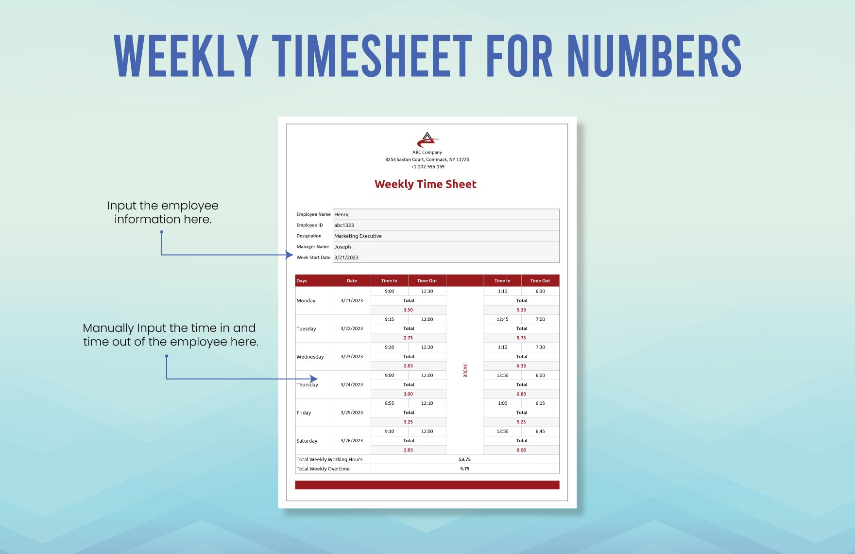 Weekly Timesheet Template For Numbers