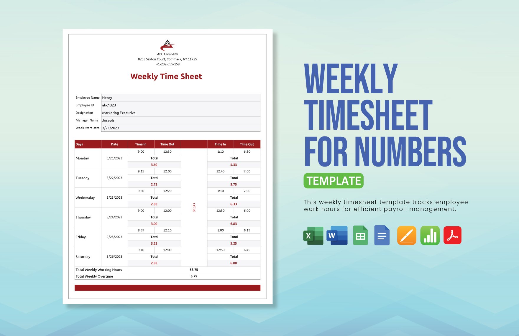 Weekly Timesheet Template For Numbers in Word, Google Docs, Excel, PDF, Google Sheets, Apple Pages, Apple Numbers